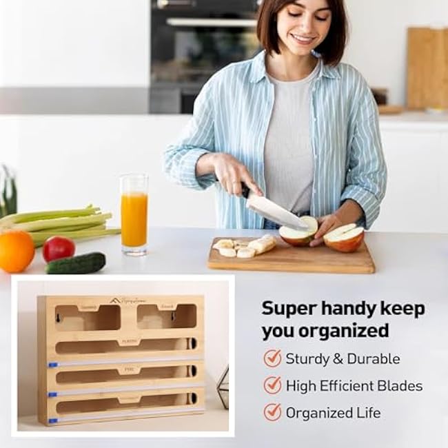 APSARAS USA 5 in 1 Bamboo Foil and Plastic Wrap Organizer for Kitchen Drawer, Ziplock Bag Organizer, Saran Wrap Dispenser with Cutter, Plastic Bag Organizer, Food Storage Bag Organization
