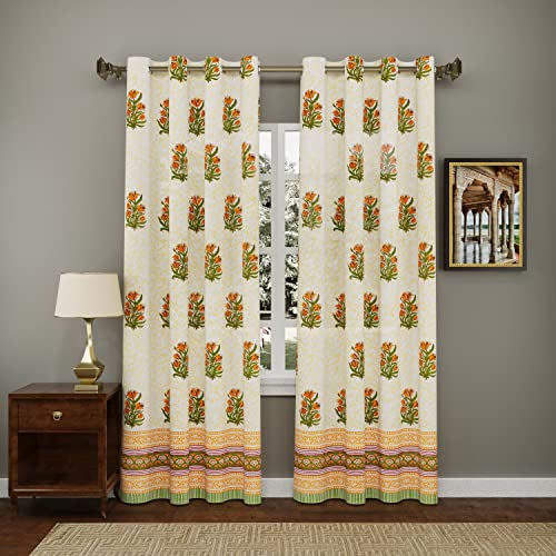 Image of BLOCKS OF INDIA Hand Block Printed Cotton Daylight Semi Sheer Curtains with Eyelets(Set of 2 Semi Sheer Curtains) (Yellow Flower, 7 Feet /Door)
