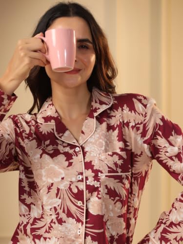 Image of SANSKRUTIHOMES Women's Premium 100% Cotton Printed Night Suit Set | Elegant Full Sleeve Collar Top & Pyjama | Soft & Breathable Premium Loungewear for Women