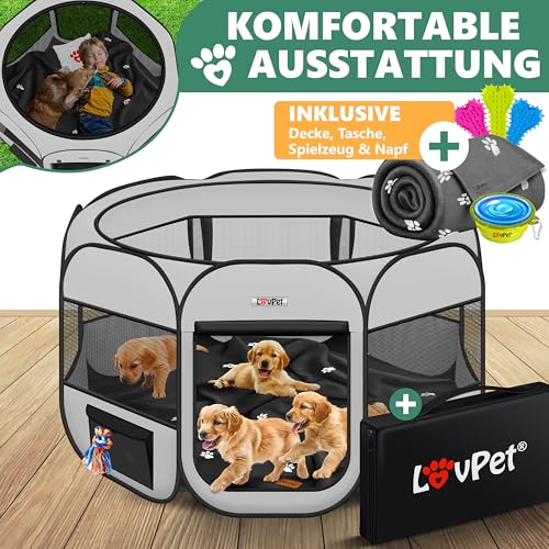 LOVPET® Welpenlaufstall Tierlaufstall Faltbar für Kleintiere Hunde, Katzen Inkl. Hundenapf und Fleece Decke Hundelaufstall Freigehege Oxfordgewebe Pop-up System Indoor & Outdoor, Hellgrau/Schwarz