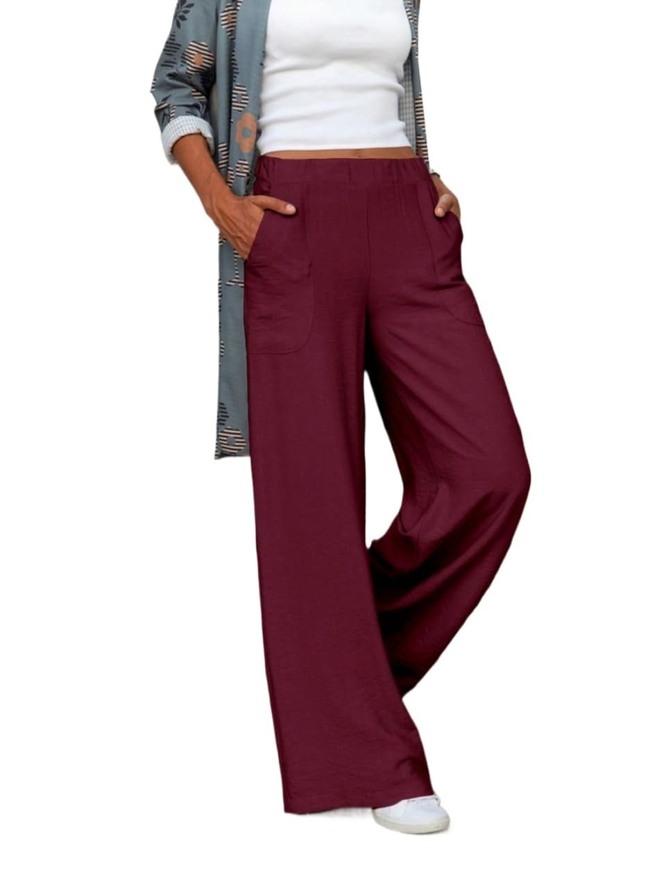 SECOLI Womens 2025 Summer Casual Long Pants Solid Color Elastic Waist Casual Wide Leg Pants