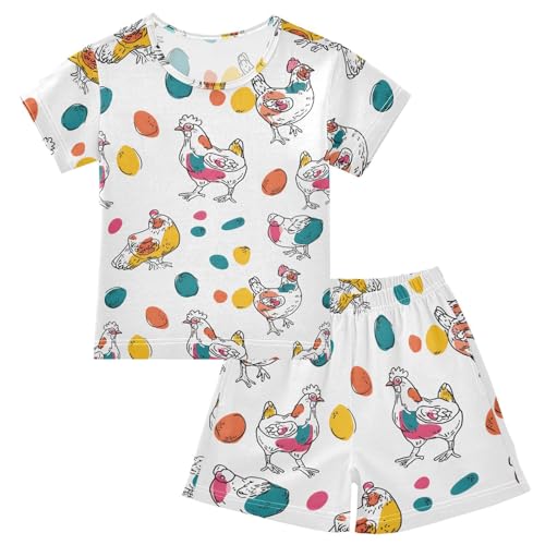 Chicken Egg Pattern Pajama Set, Short Sleeve Cotton Sleepwear Nightwear