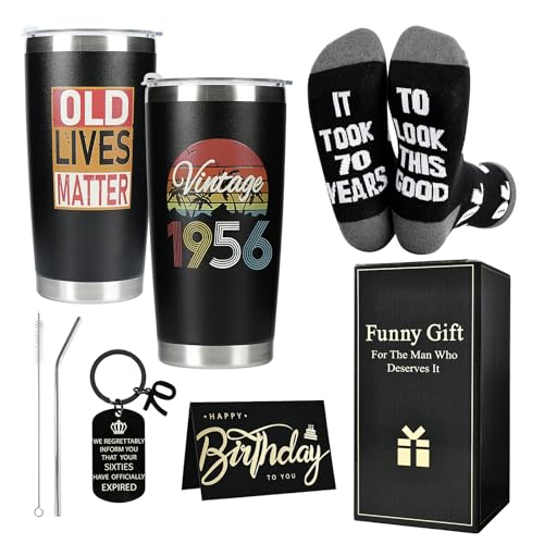 Merclix 70th Birthday Gifts for Men Funny 20oz Coffee Mug with Straw Funny Sock 9-11 Keyring Card Gift Set 70th Birthday Gifts for HimGrandad Husband Uncle Brother Dad