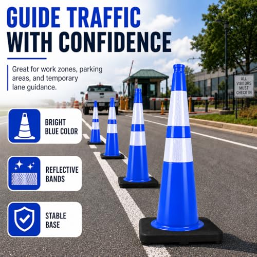 Image of BESEA 8 Pack 36 Inch Traffic Cones with Reflective Collars, Heavy Duty Safety Cones with Stable Black Base, Road Parking Cones for Traffic Control, Parking, Construction & Driving Practice(Blue)