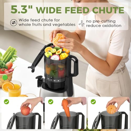 Cold Press Juicer with 5.3" Extra Wide Feed Chute, Slow Masticating Juicer Machine for Pre-Cut Fruits and Vegetables, High Yield Fruit Juicer, Easy Clean Design, BPA-Free - Image 3