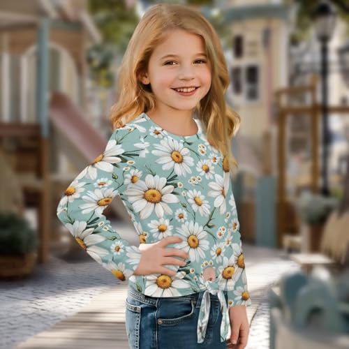 Xoenoiee Girls Long Sleeve Shirts Casual Graphic T-Shirt Loose Fit Tunic Tops Crewneck Tie-Hem Blouse Tees Size 5-123