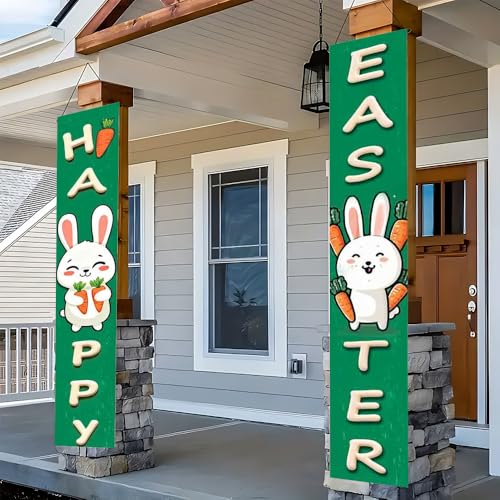 Image of Cute Green Happy Easter Banner Bunny Carrot Easter Door Decor Porch Sign Easter Decorations for Home Outside 11.81x70.87 Inch