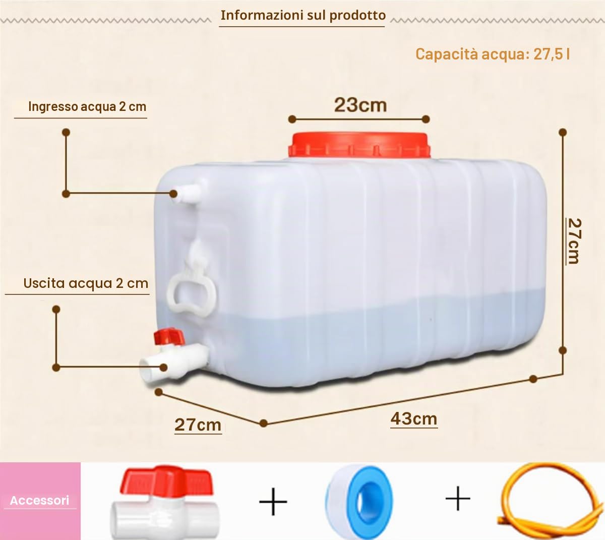 Serbatoio d'Acqua da 100 galloni Grande Contenitore d'Acqua in plastica con Rubinetto per Viaggi, Escursioni, Camper, emergenze(Size:25L)