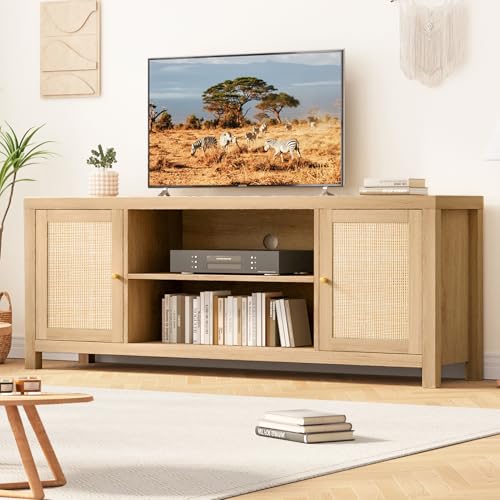 Rattan 65-Inch TV Stand - Boho Media Console with Storage Shelves for Living Room and Bedroom