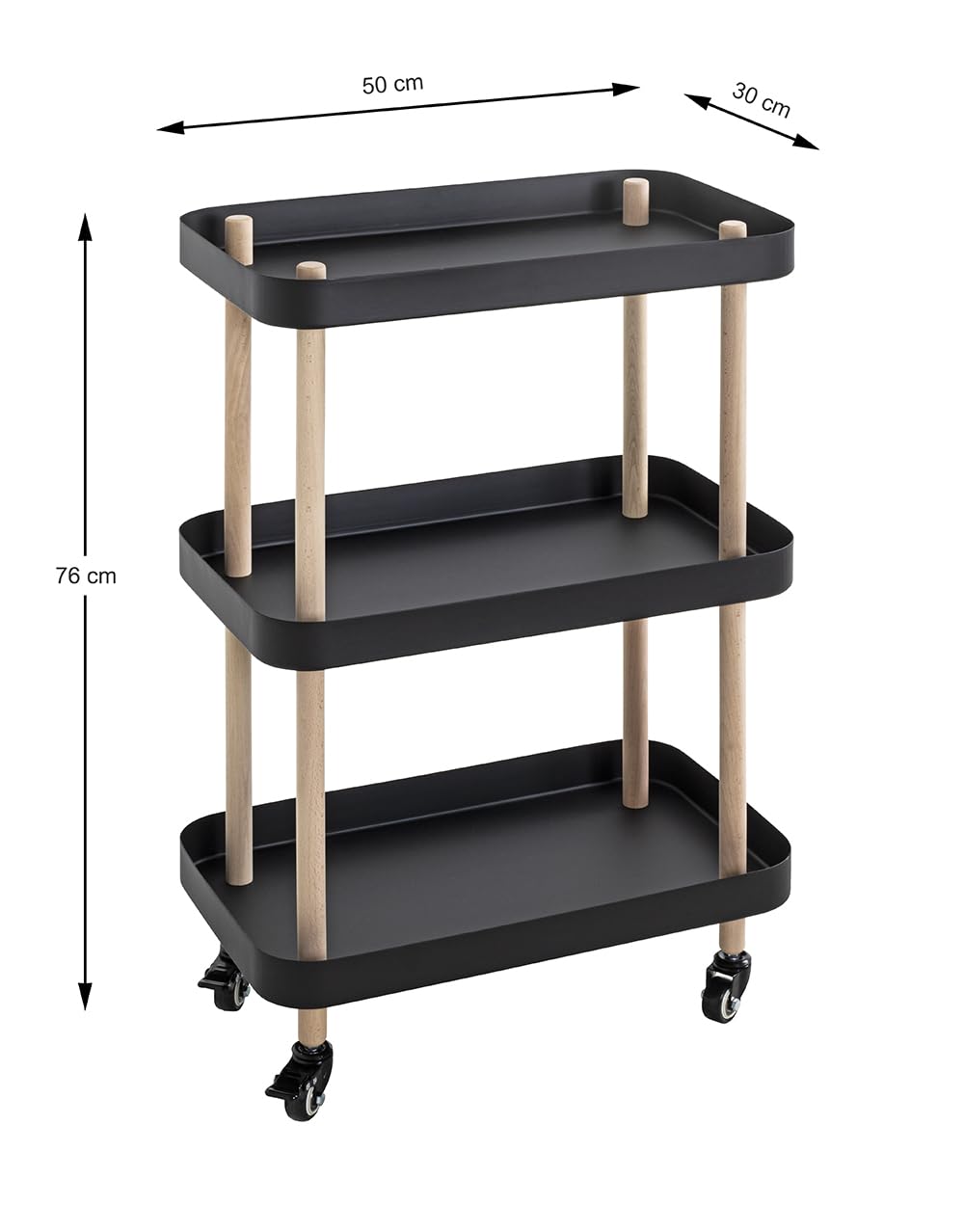 HAKU Tavolino in legno massello su rotelle naturale Base in metallo nero Tavolino da salotto su ruote - Dimensioni: L 50 x A 76 x P 30 cm Stile: Moderno