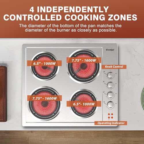 Electric Cooktop 4 Burner - 24 Inch Stainless Steel Electric Stove Top 220V, 5200W Bulit- in Electric Cooktop with 4 Ceramic Hot Plate, Overheat Protection, Knob Control, 220-240V (No Plug)