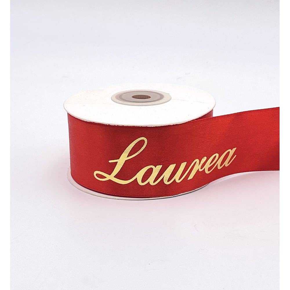 NASTRO DOPPIO RASO ROSSO CON SCRITTA LAUREA COLORE ORO LARGHEZZA 15 MM LUNGHEZZA 25 METRI (15 MM ROSSO