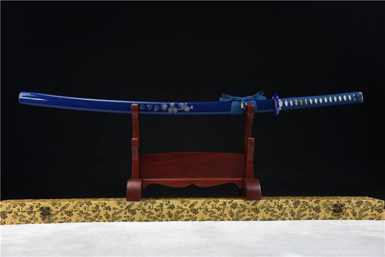 Blue Japanese Cherry Blossom Samurai Sword Handmade T1095 high Carbon Steel Katana Full Tang Blade Combat Ready Sharpened
