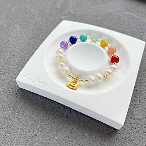 [Amber Crystal] Women Healing Natural Pearl 7 Chakra Yoga 18K Gold Lotus Energy Crystal Beads Elastic Bracelet #TOP4