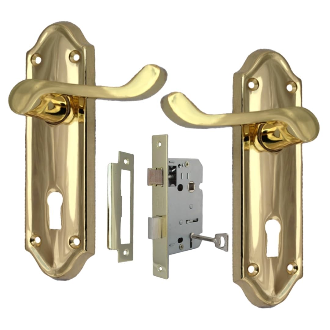 Epsom Door Handle Victorian Style Brass Plated Internal Lock Door Handle Set – Lever on Backplate – Includes 3 Lever Mortice Sash Lock – 1 Pair