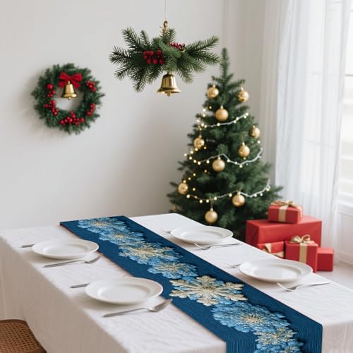 Image of Nuxovilar Blue Snowflake Table Runner Flax 13x72 in | Holiday Runner Flax Placemats Dining Accessories Set Winter Dinner Holiday Event Room (Blue Snowflake)