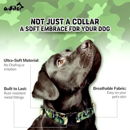 Image of Adil's Biothane Waterproof Dog Collar, Dog Leash & Collar Leash Combo | Heavy Duty TPU Coated Webbing | Adjustable Quick Release Buckle | Odour Resistant (Army Print, M-18, Collar Only)
