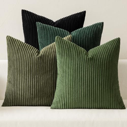 Image of MIULEE Boho Farmhouse Throw Pillow Covers 18x18 Inch Set of 4 Mordern Neutral Green Cushion Covers Soft Corduroy Nordic Home Decor for Spring Couch Bed Sofa Living Room Green-Black