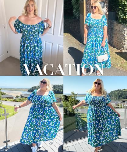 Image of RITERA Plus Size Dresses for Curvy Women Square Neck Short Sleeve Summer Floral Smocked Maxi Dress with Pocket XL-5XL