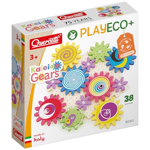 Image of Quercetti: PlayEco+ Kaleido Gears - 38pc Interactive Building Playset, Colorful Gear Plates, Chain Reactions Construction Toy, STEM Activity, Kids 3+