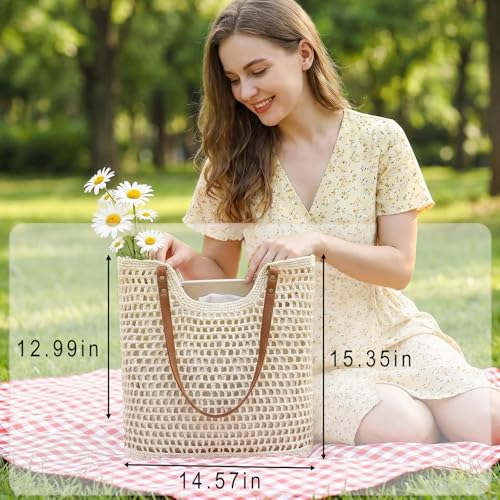 Image of Bycobecy Woven Tote Bag for Women, Summer Beach Bag Large Crochet Shoulder Purse Handbag Boho Knit Bag for Summer Travel