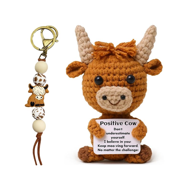 Highland Cow Gifts for Women, Scottish Highlander Cow Plush Toy with Positivity Card and Cow Keyring, Emotional Support Creative Cute Cheer Up Keepsake Gift Present for Birthday, Christmas, Friends