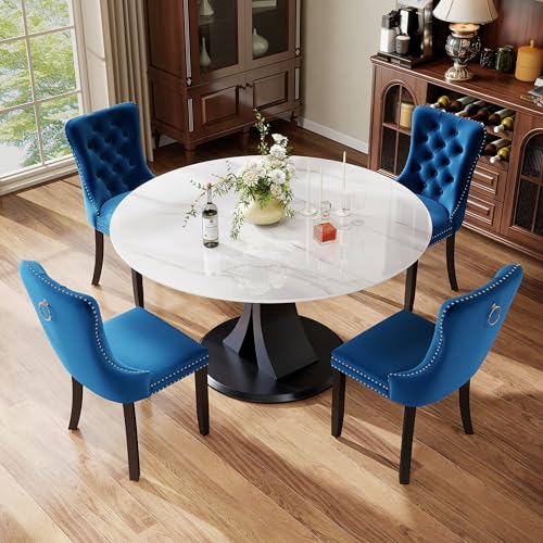 Image of 5-Piece Dining Table Set with 47In Faux Marble Table and 4 Velvet Upholstered Chairs, Modern Scandinavian Furniture for Dining Room Kitchen(Blue)