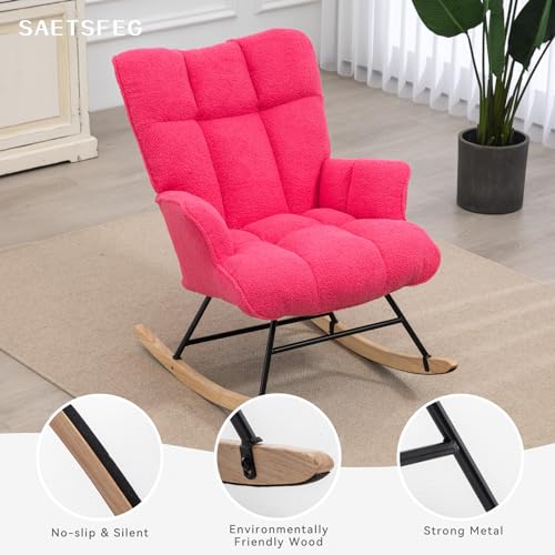 Image of SAETSFEG Rocking Chair Nursery Teddy Upholstered Glider Rocker Rocking Accent Chair Padded Seat with High Backrest Armchair Comfy Side Chair for Living Room Bedroom Offices (Hotpink Teddy)