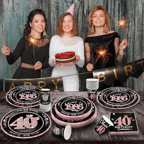 Image of 40th Birthday Decorations Rose Gold, Service for 30, Vintage 40th Birthday Party Supplies Includes Rose Gold 1986 Plates, Napkins,Cups, Plates and Napkins for Women