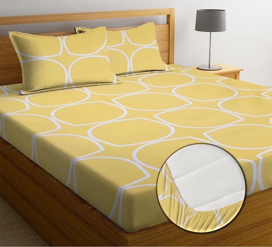 NEW LEAF Premium Cotton Elastic Fitted Bedsheets with 2 King Size Pillow Covers Double Bed with All Around Elastic Supersoft Size - 72 x 78 +10 inches Yellow White Oval Pattren 200 tc - 220 tc (B0D4XX6GXC) Amazon Price History, Amazon Price Tracker
