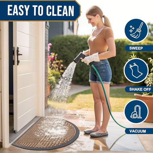 Image of Smiry Half Circle Front Door Mat Outside Entrance, Heavy Duty Sturdy Natural Rubber Doormat, Trap Dirt and Moisture, Low Profile Mats for Indoor Outdoor Entry, Irregular Triangle (35x23, Coffee)