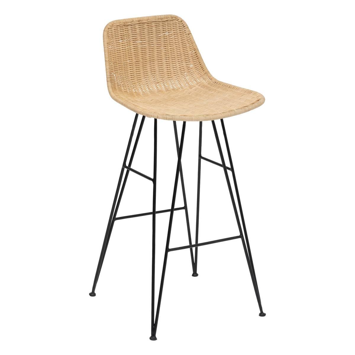 Atmosphera - Chaise de Bar May Beige et Noir - H 90 cm - Rotin Tressé et Pieds en Métal - pour Cuisine, Îlot Central, Tabouret Haut