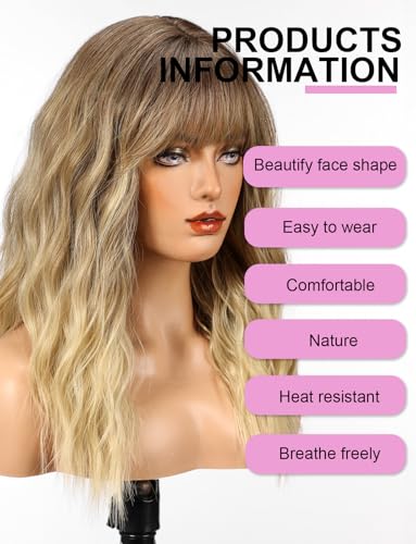 WOKESTAR Long Wig with Fringe Synthetic Wavy Wigs for Women Ombre Brown to Blonde Color, 22 tum - Image 4