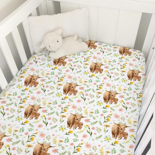 Image of Highland Cows Boho Retro Flowers Baby Crib Sheet 52''x28'' Farm Yak Floral Fitted Crib Mattress Sheet for Boy Girl Soft Baby Crib Sheets for Standard Crib and Toddler Mattress Nursery Decor