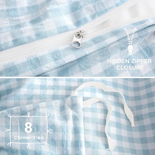 Image of TOCOMOA Light Blue Gingham Duvet Cover Bedding Set 100% Washed Cotton Like Linen Feel Super Soft Comfy 3 Piece Vintage Plaid Checkered Comforter Cover Set (Queen 90 inchx90 inch, Comforter Not Included)