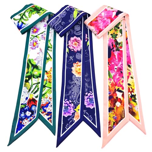 Skinny Scarf 3 Pack for Women – Bag Scarf, Silk Hair Scarves (Original Prints, Premium Twill, 3 Designs)