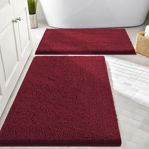 Image of Smiry Bathroom Rugs Sets 2 Piece, Soft Absorbent Chenille Machine Washable Non Slip Shaggy Bath Rug Set for Tub, Shower, and Floor (30x20+24x16, Burgundy)