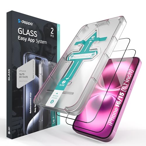 Deppa |2 Stück| für iPhone 16/iPhone 15 (6.1') Schutzfolie mit Schablone | 9H Stoßfest | Vollständige Abdeckung | Blasenfreie, einfache Installation| Ultra-Klar