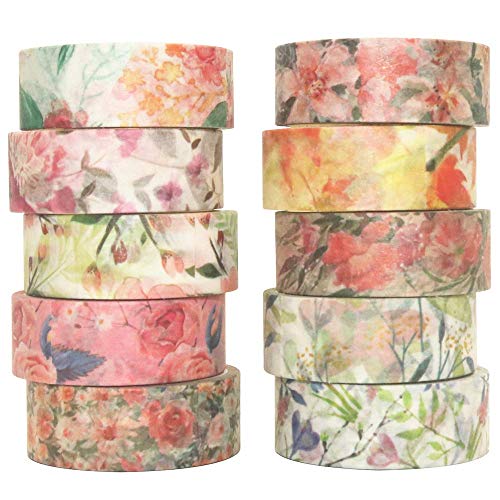 Image of HASTHIP 10 Roll Washi Tapes Set Spring Flower Colour Tapes Decorative Tape Craft Supplies for DIY Craft, Journal Supplies, Gift Wrapping, Scrapbooking