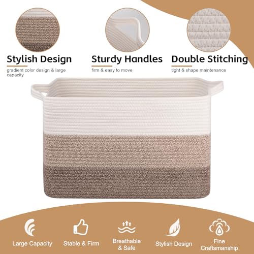 Image of OIAHOMY Large Blanket Basket, 65L Cotton Rope Woven Laundry Basket, Toy Bin for Baby Room, Container for Blanket Storage in Living Room, 20''x16''x12'', Gradient Brown