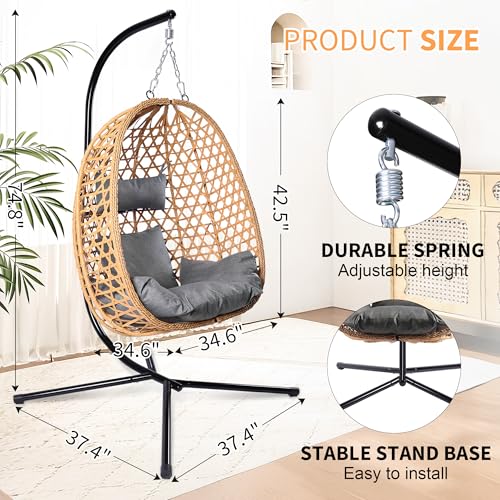 LHBCraft Hanging Egg Chair with Stand, Patio Wicker Swing Chair, Hammock Style with 350LBS Capacity for Bedroom, Balcony, or Garden (Yellow-Grey) - Thumbnail 2