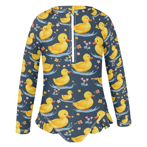 Duck Flower Pattern Girls Long Sleeve Swimsuit Rash Guard One Piece Bathing Suits Zipper 3-12T2