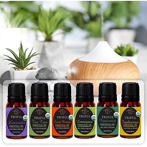 Troful Organic Essential Oils Set With Chakra Bracelet, Top 6 Usda Lavender, Tea Tree,Sweet Orange,Frankincense,Peppermint,Lemongrass Aromatherapy Oils For Diffusers,Diy,Skin,Hair Care 10Ml X 6 #TOP4