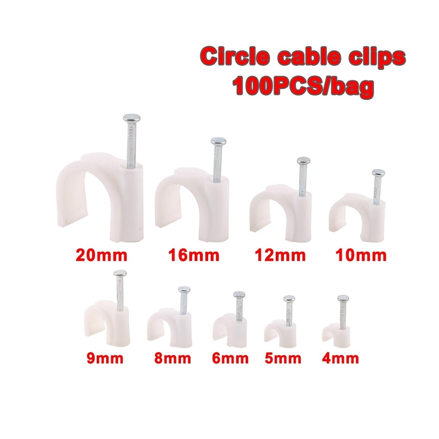 Clou de câble, clip de finition de câble, clip de clou de câble, clip de finition de fil, 4 mm, 5 mm, 6 mm, 8 mm, 9 mm, 10 mm, 12 mm, 16 mm, clip de câble circulaire à chemin circulaire, clip de clou