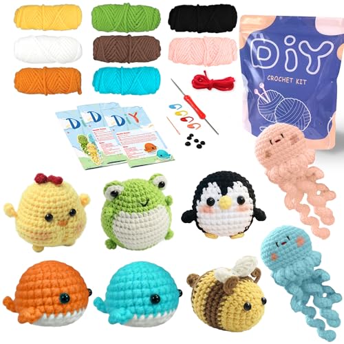 YAMAXIN Häkel-Set für Anfänger Häkel-Starter-Set mit Schritt-für-Schritt-Videotutorials Anfänger-Häkel-Sets für Erwachsene (8 Stück Quallen Küken Frösche Pinguine Wale Bienen)
