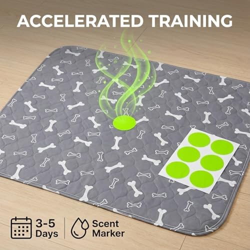 Puppy Pads with Pheromones Stickers, Reusable Pee Pads for Dogs, Durable 4-Layer Leak-Proof Training Mats with Non-Slip Bottom, Ideal for Indoor Training & Travel (Gray, L: 31.5