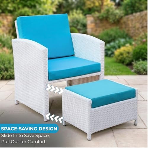 Image of DEVOKO Valencia Outdoor 5 Piece All Weather Rattan Wicker Patio Sofa Set with Water Resistant Cushioned Chairs with Glass Top Table & Ottomans for Garden, Pool, Porch, Backyard (White & Sky-Blue)
