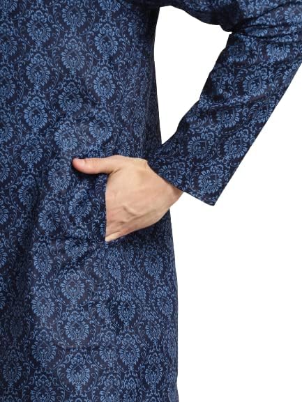 Image of SOJANYA (Since 1958 Men's Cotton Blend Navy Blue & Black Printed Kurta & White Churidar Pyjama Set