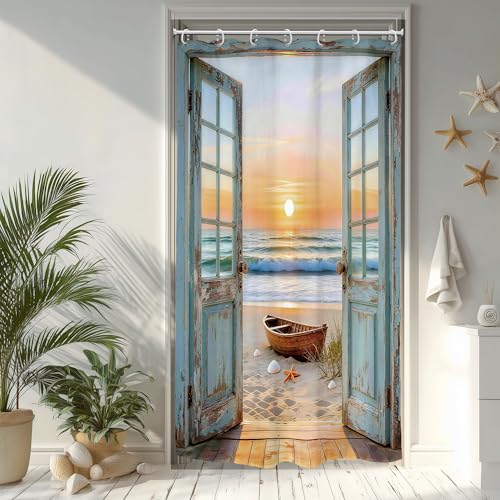 Image of Riyidecor Small Stall Beach Ocean Shower Curtain 36Wx72H Inch Blue Rustic Seaside Barn Door Sea Scenery Sunset Sandbeach Wood Hawaii Landscape Bathroom Decor Fabric Polyester Waterproof 7 Pack Hooks
