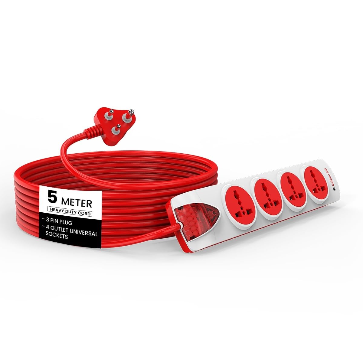 Goldmedal Plugged-in 4x1 Extension Cord - White (Pack of 1), 4 Outlet Universal Sockets, Master Switch with Indicator - 5 Meter Heavy Duty Cable, for Home & Office